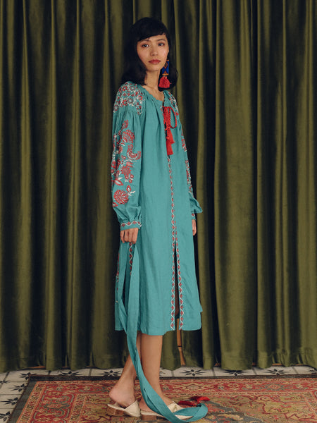 SINCE THEN LONG SLEEVE EMBROIDERED BEACH DRESS IN TURQUOISE - boopdo