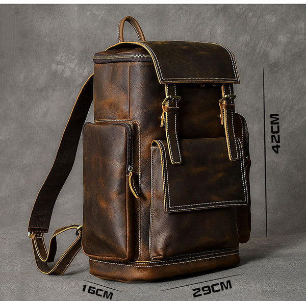 TWENTY FOUR STREET BRITISH DESIGN LARGE CAPACITY BROWN LEATHER BACKPACK - boopdo
