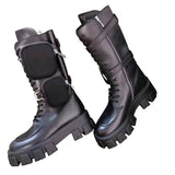 JESSY MARIA BRITISH STYLE CHUNKY PLATFORM LEATHER BOOTS WITH STRAP POCKET IN BLACK - boopdo