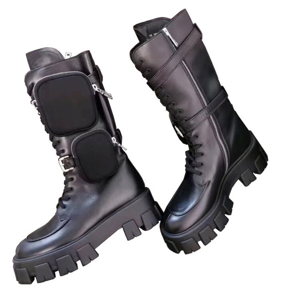 JESSY MARIA BRITISH STYLE CHUNKY PLATFORM LEATHER BOOTS WITH STRAP POCKET IN BLACK - boopdo