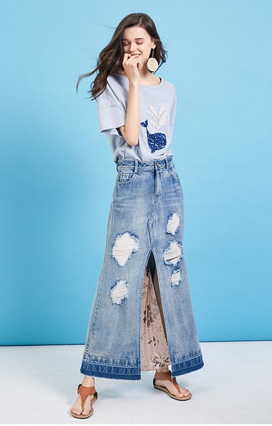 ARTKA SPLIT FRONT DENIM MAXI SKIRT WITH CONTRAST PANELS - boopdo