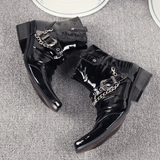 KUQIZA ZUMBALO BUCKLED LEATHER ANKLE BOOTS IN BLACK WITH CHAIN - boopdo