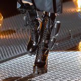 JESSY MARIA BRITISH STYLE CHUNKY PLATFORM LEATHER BOOTS WITH STRAP POCKET IN BLACK - boopdo