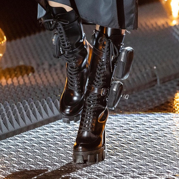 JESSY MARIA BRITISH STYLE CHUNKY PLATFORM LEATHER BOOTS WITH STRAP POCKET IN BLACK - boopdo