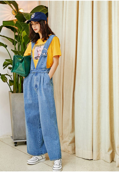 8GIRLS DESIGN WIDE LEG DENIM DUNGAREES WITH BUCKLES - boopdo