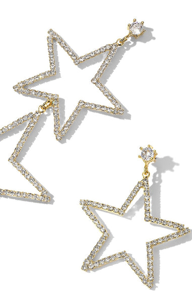 UZL DESIGN EARRINGS IN DOUBLE CRYSTAL STAR DROP IN GOLD PLATE - boopdo