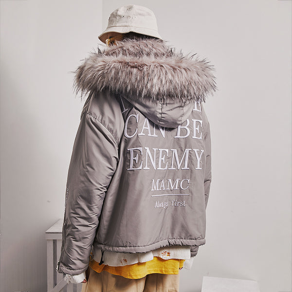 NO ONE CAN BE ENEMY MAMC FAUX FUR COLLAR HOODIE PILOT JACKET - boopdo