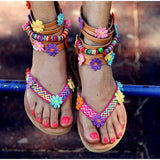 ETHNIC BOHEMIAN AFRICAN FLOWER DESIGN FLAT SOLE SANDALS IN BROWN - boopdo