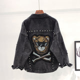 KUZPO DENYA GANGSTER BEAR SEQUIN DENIM JEAN JACKET WITH RHINESTONE - boopdo