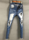BOOPDO DESIGN RIPPED PATCHWORK WASHED DENIM JEAN PANTS IN ICE BLUE - boopdo
