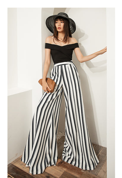 VERRAGE WIDE LEG TROUSERS IN BLACK STRIPE - boopdo