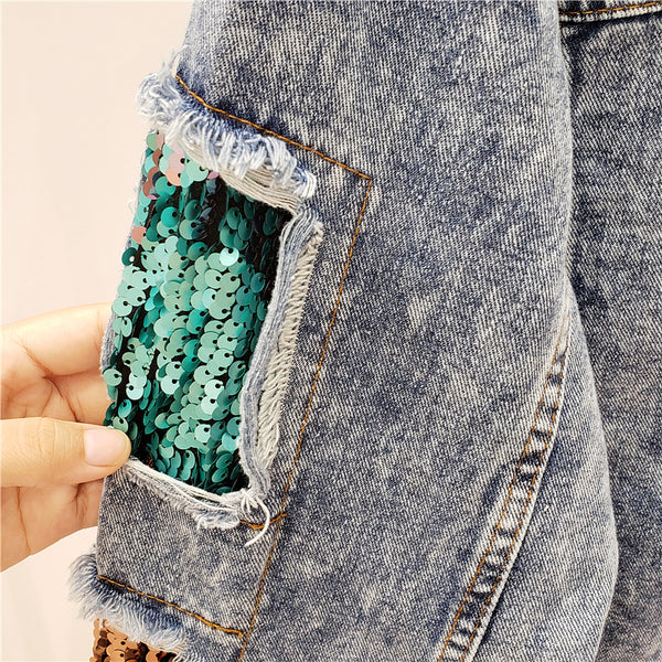 MONICA DIZO HANDMADE RIPPED DENIM JEAN WOMEN JACKET WITH SEQUINS - boopdo