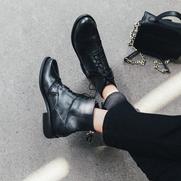 JERSY MARAKITO COOL PUNK FLAT LEATHER ANKLE BOOTS - boopdo