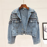 JEYYO CATHRO RETRO STAR OLD FASHION DENIM JEAN WOMEN JACKET WITH BEADED ACCESSORIES - boopdo