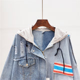 LINSA EKO PATCHWORK RIPPED DENIM JEAN HOODED JACKET IN CONTRAST COLOR - boopdo