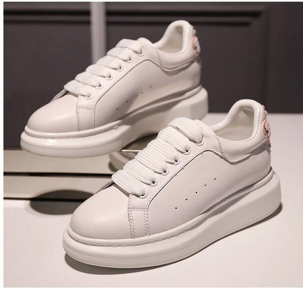 SVB FASHION WHITE LEATHER EMBROIDERED CHUNKY SOLE TRAINERS - boopdo