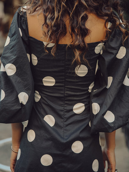 SINCE THEN BALLOON SLEEVE POLKA DOT MINI DRESS WITH TIE FRONT DETAIL - boopdo