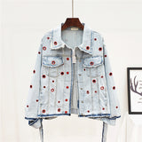 JEYYO CATHRO OLD FASHION DENIM JEAN WOMEN JACKET WITH RUFFLE RING HOLES - boopdo