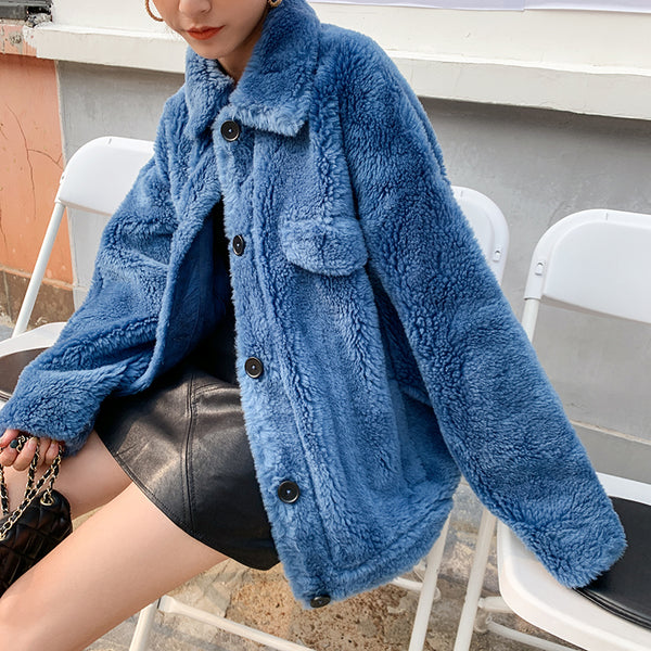 8GIRLS DESIGN TEDDY BUTTON UP COAT IN BLUE - boopdo