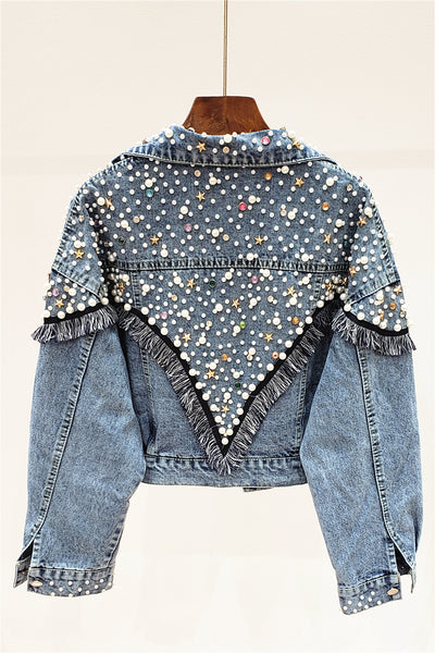 JEYYO CATHRO RETRO STAR OLD FASHION DENIM JEAN WOMEN JACKET WITH BEADED ACCESSORIES - boopdo