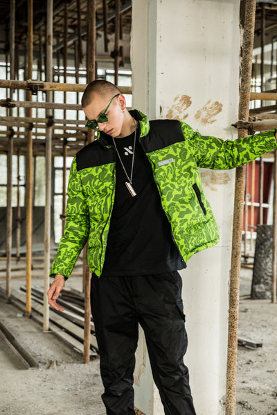 NFWYS FIZOLA HOLOGRAPHIC HIGH NECK BOMBER JACKET IN GREEN CAMO - boopdo