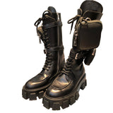 JESSY MARIA BRITISH STYLE CHUNKY PLATFORM LEATHER BOOTS WITH STRAP POCKET IN BLACK - boopdo