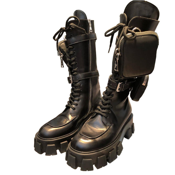JESSY MARIA BRITISH STYLE CHUNKY PLATFORM LEATHER BOOTS WITH STRAP POCKET IN BLACK - boopdo