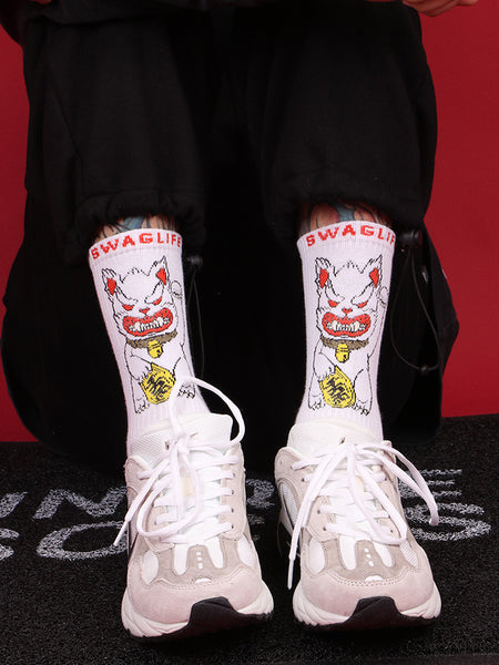 ZWILL UNIQUE SWAG LIFE CHINESE LUCKY CAT SOCKS IN WHITE - boopdo