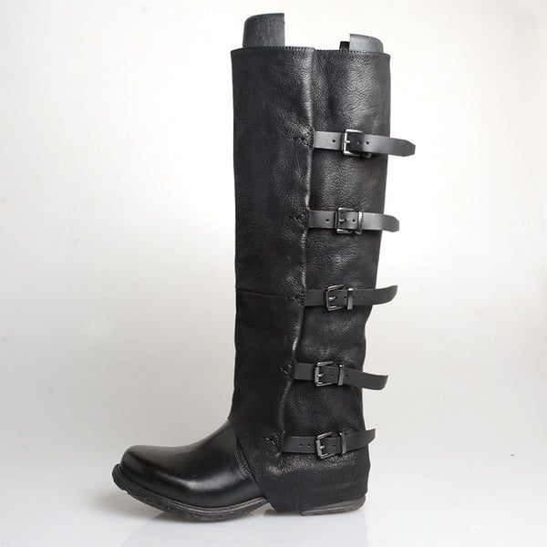 PROVA PERFETTO ROMAN SQUARE TOE KNEE HIGH LEATHER BOOTS IN BLACK - boopdo