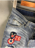 BOOPDO DESIGN AMR BADGE RIPPED WASHED DENIM JEAN PANTS IN BLUE - boopdo