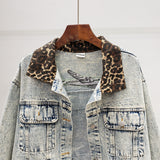 VANESSA JUSSO LEOPARD DETAIL BEADED OLD SCHOOL STYLE DENIM JEAN WOMEN JACKET - boopdo