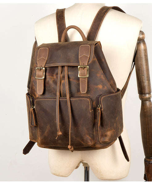MANTIME OUTDOOR TRAVEL RETRO LEATHER BACKPACK IN BROWN - boopdo