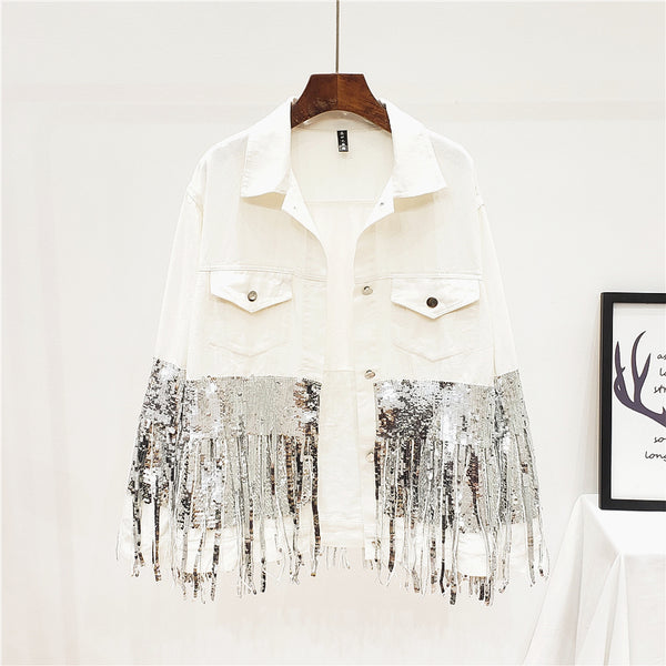 ZAUL FANTO BASIC COLLECTION SEQUINED TASSEL DENIM JEAN JACKET - boopdo