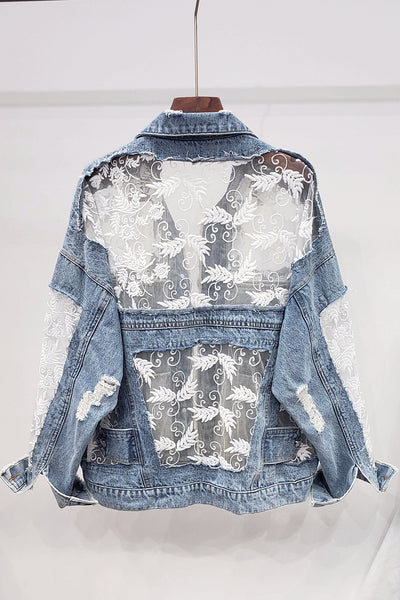 VANESSA JUSSO EMBROIDERED RIPPED DENIM JEAN WOMEN JACKET WITH LACE BACK DETAIL - boopdo
