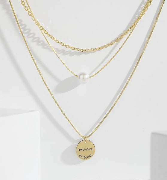 UZL DESIGN GOLD PLATE MULTIROW NECKLACE WITH PEARL AND COIN PENDANT - boopdo