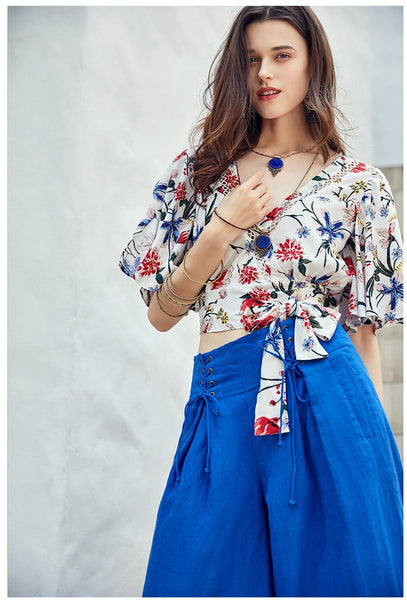ARTKA WRAP FRONT BLOUSE WITH TIE SIDE IN FLORAL PRINT - boopdo