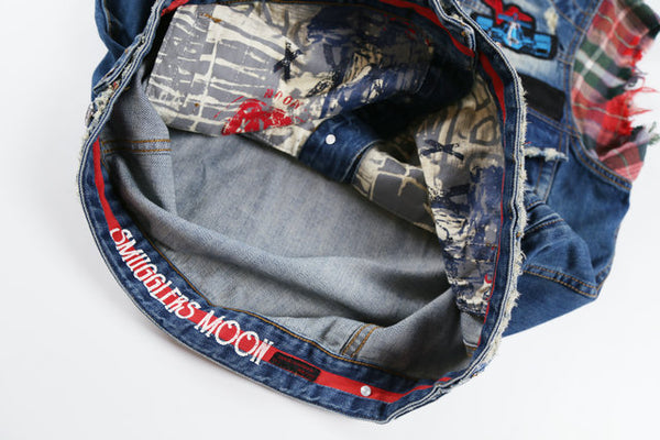 BOOPDO SMUGGLER MOONS PLAID EMBROIDERED DENIM VEST IN NAVY - boopdo