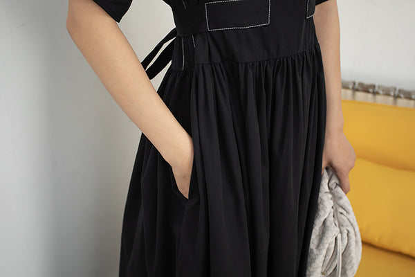 VERRAGE MIDI TEA DRESS WITH FULL SKIRT AND TIE BACK IN BLACK - boopdo