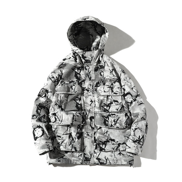 ADAM FREAK VELCRO GRAFFITI DESIGN MULTI POCKET CAMO PRINT HOODED JACKET - boopdo