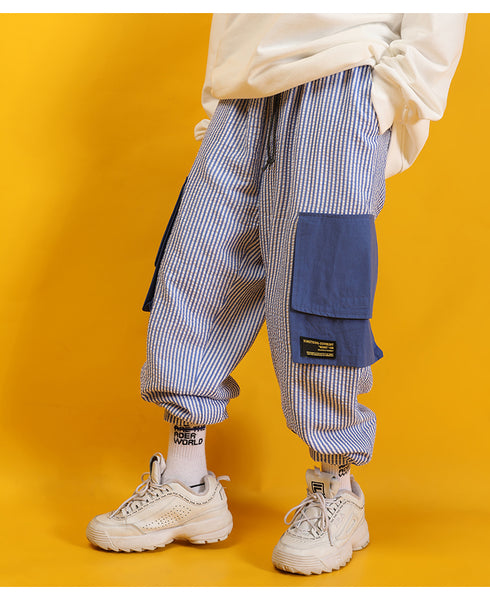 KIKO GORLA STRIPED SEERSUCKER CASUAL JOGGER PANTS IN BLUE - boopdo