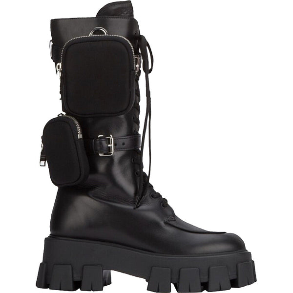 JESSY MARIA BRITISH STYLE CHUNKY PLATFORM LEATHER BOOTS WITH STRAP POCKET IN BLACK - boopdo