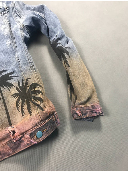 MIAMI PALM BEACH PAINTED RIPPED DENIM JACKET IN MULTI COLOR - boopdo