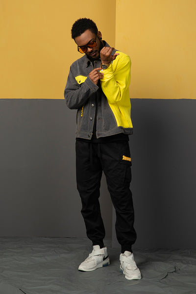 NFWYS METEORITE RIPPED DENIM JEAN JACKET IN YELLOW GRAY - boopdo