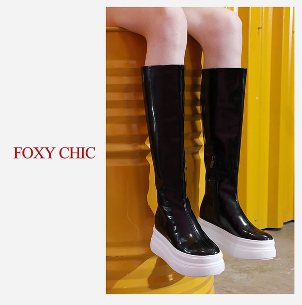 FOXY CHIC MAXSO CHARM CHUNKY PLATFORM LEATHER KNEE HIGH BOOTS - boopdo
