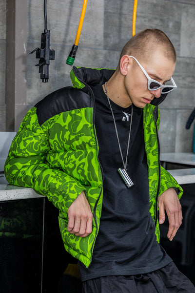 NFWYS FIZOLA HOLOGRAPHIC HIGH NECK BOMBER JACKET IN GREEN CAMO - boopdo
