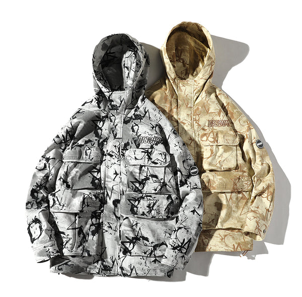 ADAM FREAK VELCRO GRAFFITI DESIGN MULTI POCKET CAMO PRINT HOODED JACKET - boopdo