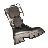 JESSY MARIA BRITISH STYLE CHUNKY PLATFORM LEATHER BOOTS WITH STRAP POCKET IN BLACK - boopdo