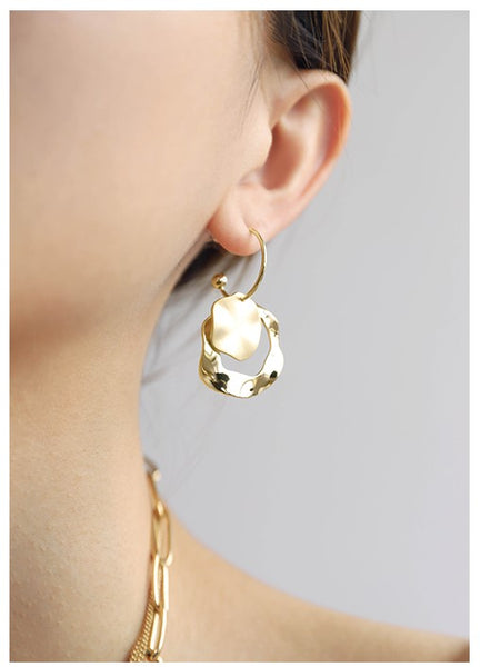 UZL DESIGN GOLD PLATED PULL THROUGH EARRINGS WITH CUT OUT DOUBLE CIRCLE - boopdo