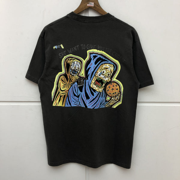 ESSENTIX FICO HORROR SKULL GRAFFITI PRINT CREW NECK BASIC T SHIRT - boopdo