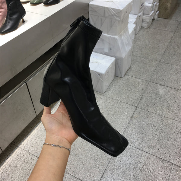 LUXE SEVEN DESIGN SQUARE TOE HEELED ANKLE BOOTS - boopdo